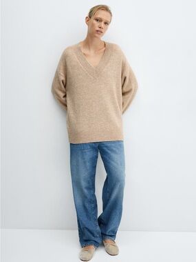 Mango Oversized V-Neck Sweater in Light Beige